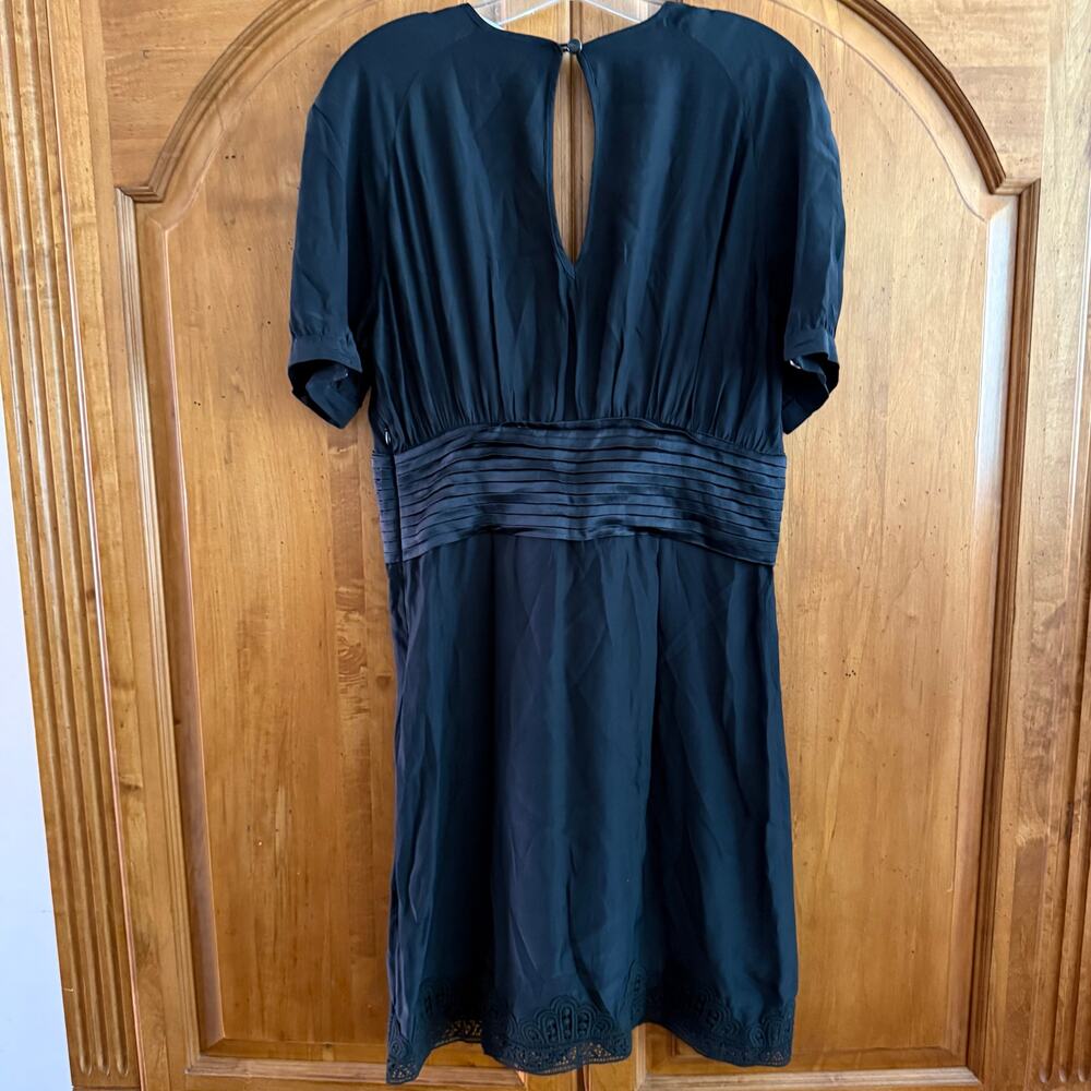 Thurley silk black sheath shirt dress lace trim short sleeve women’s size 10 - Picture 3 of 13